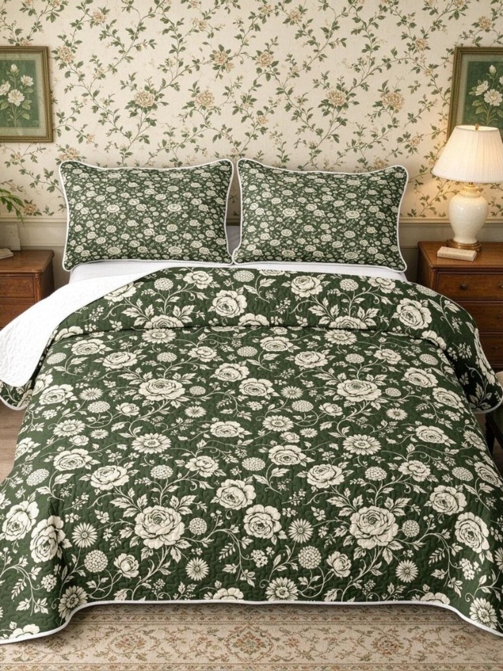 Sage Green Floral Quilt Set Queen Size Tropical Plants3 Pieces Bedspread